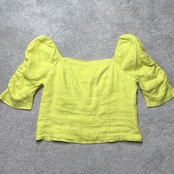 NWT Rachel Zoe 100% Linen Blouse Large Yellow Shirt Puff Sleeve Peasant Crop Top - Picture 2 of 9